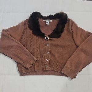 Vintage Claudette Cashmere Brown Cardigan with Faux Fur Trim size Medium